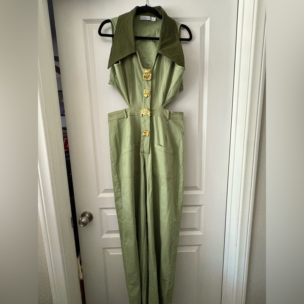 Olive Green Jumpsuit with Gold Accents and Cutout sides and back